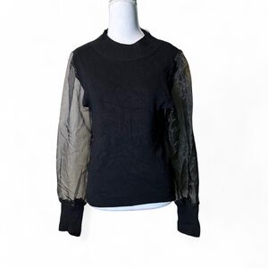 French Connection Black Mock Neck Sweater w/ Sheer Organza Sleeves Size M – NWT